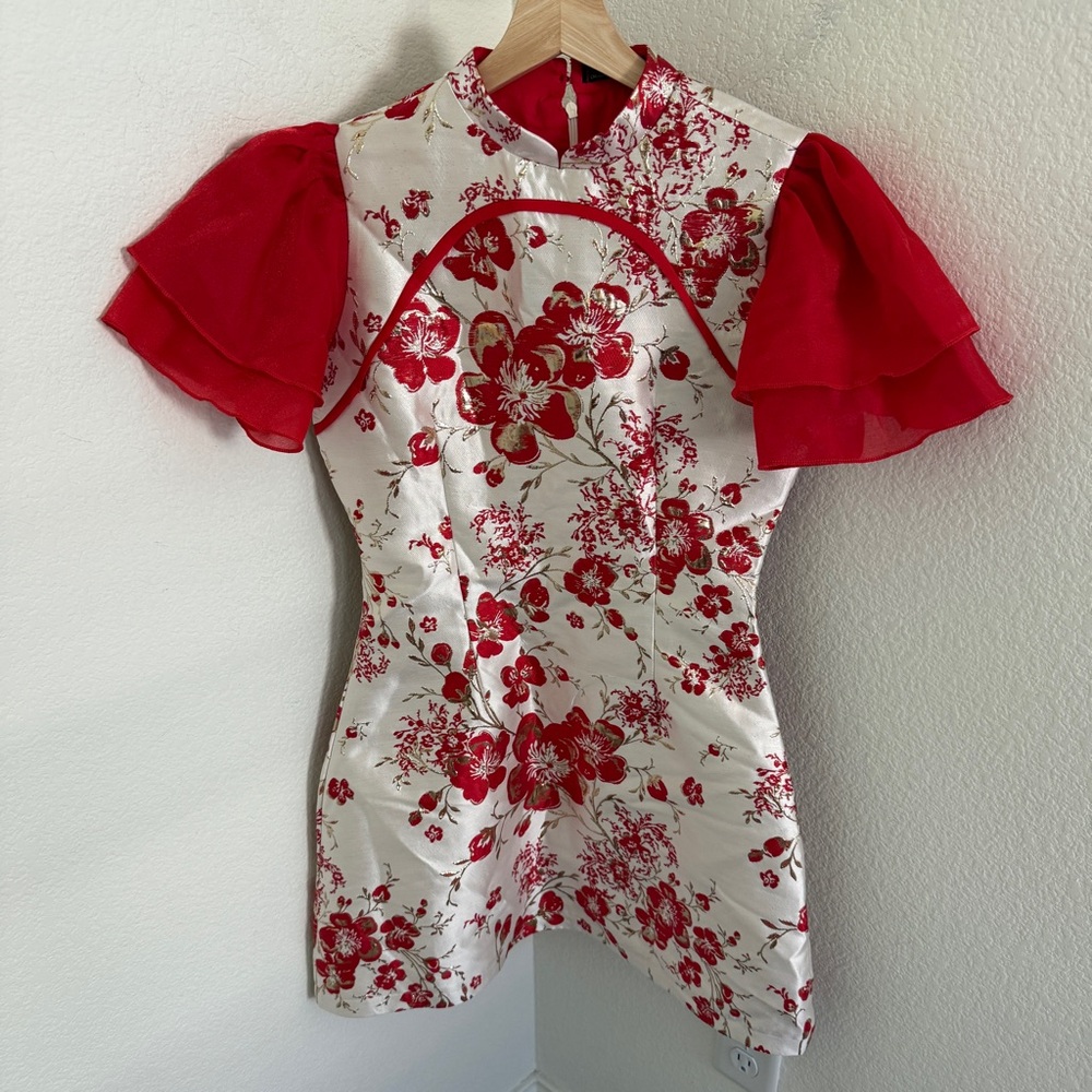 B.T.T Oriental jacquard Red gold white floral mini dress with ruffle sleeves
